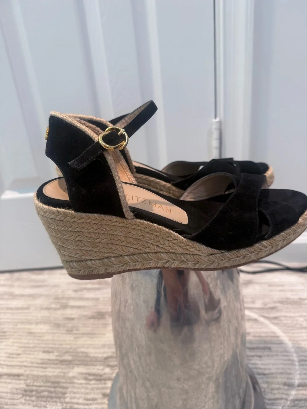 Stuart Weitzman Black Suede Espadrille Wedge Sandals with Ankle Strap - Picture 5 of 9